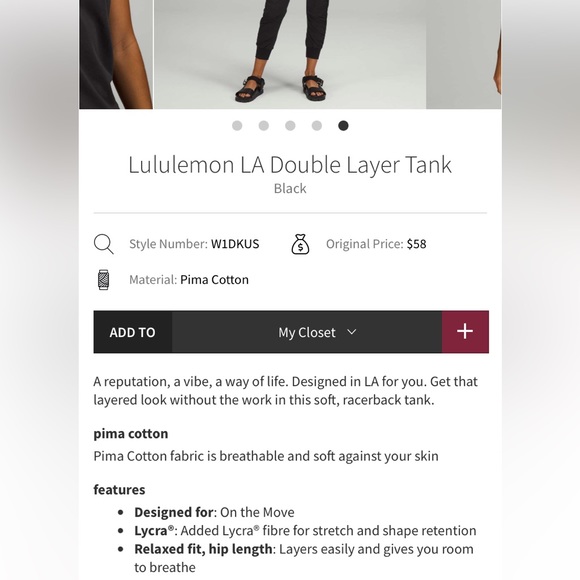 Lululemon LA Double Layer tank, size 10, black with white/cream trim. - Picture 3 of 7